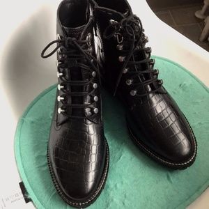 Size 37 6.5 Textured Black Leather Combat Boots
